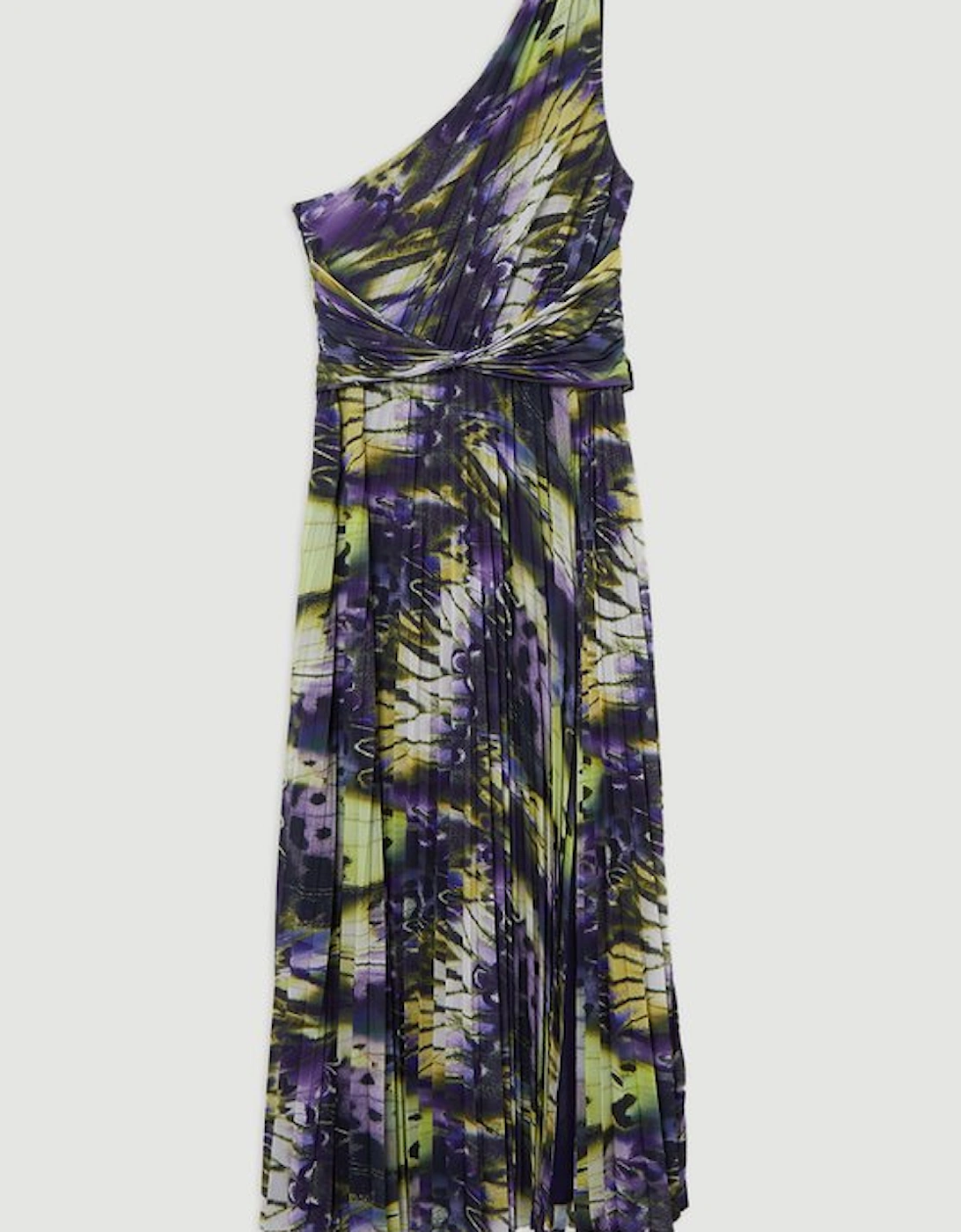 Crinkle Feather Print Woven One Shoulder Maxi Dress