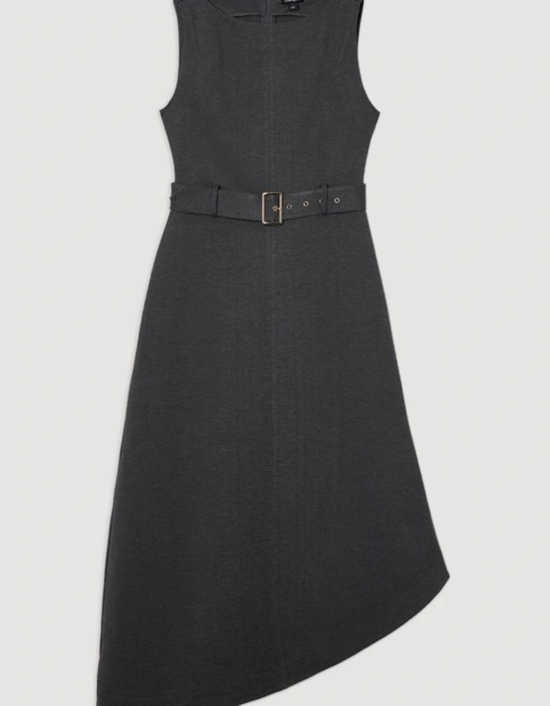 Asymmetric Hem Belted Ponte Dress