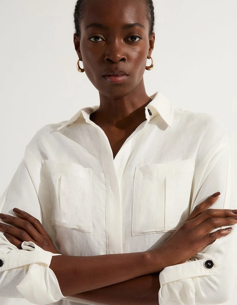 Viscose Linen Woven Belted Shirt Midi Dress