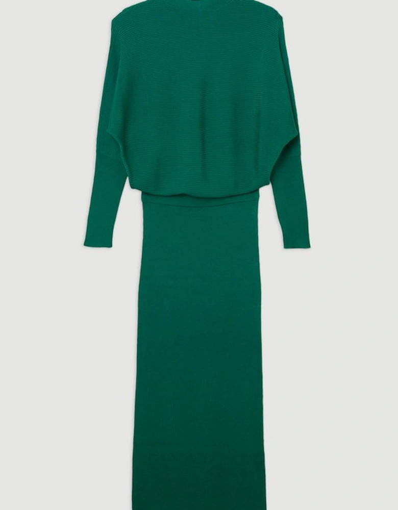 Slinky Drape Knit Bat Wing Pencil Midi Dress