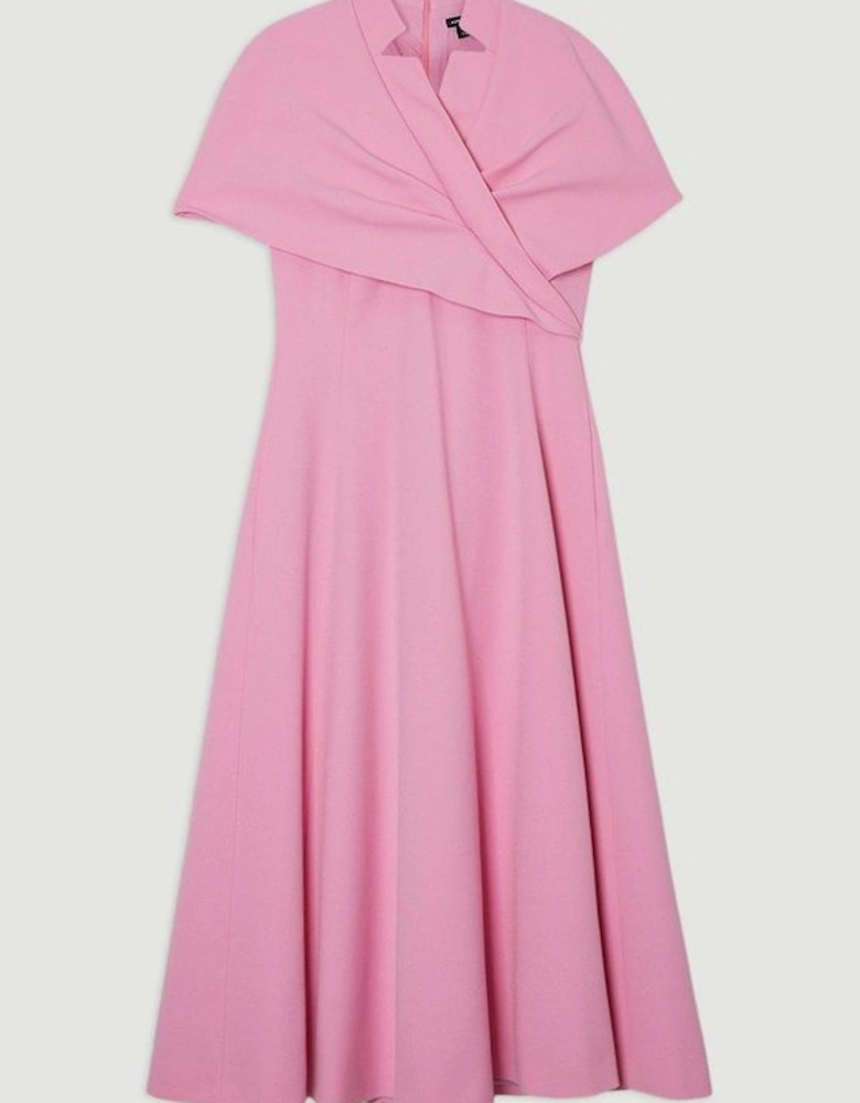Structured Crepe Cape Detail Full Skirted Tailored Midi Dress