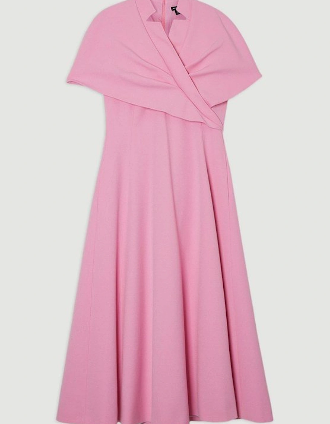 Structured Crepe Cape Detail Full Skirted Tailored Midi Dress