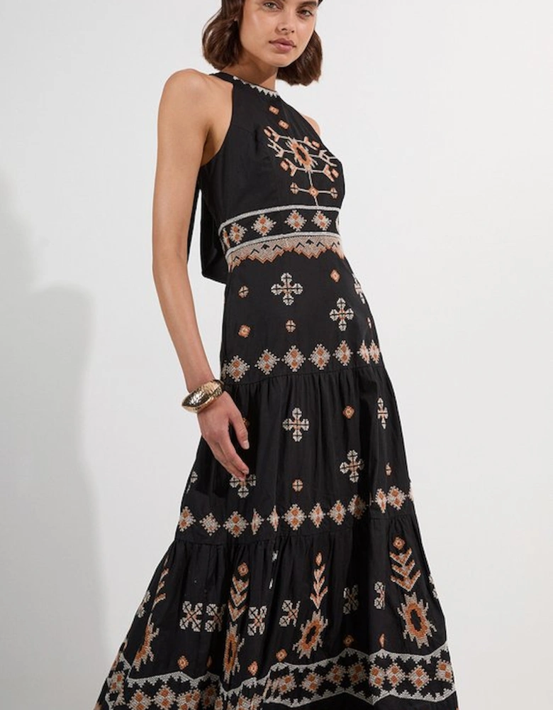 Petite Cotton Embroidered Woven Halter Maxi Dress