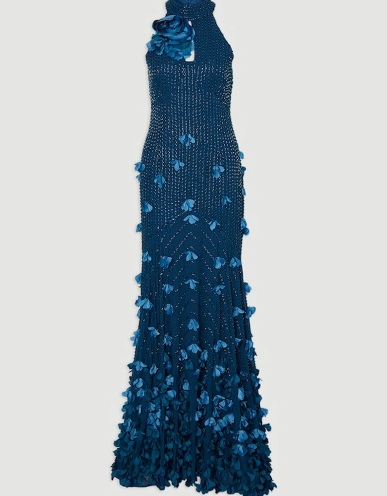 Crystal Applique Woven Maxi Rosette Maxi Dress