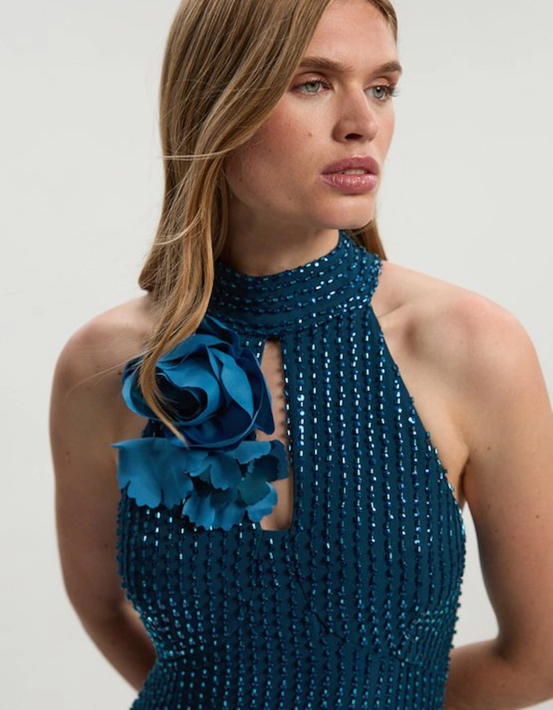 Crystal Applique Woven Maxi Rosette Maxi Dress