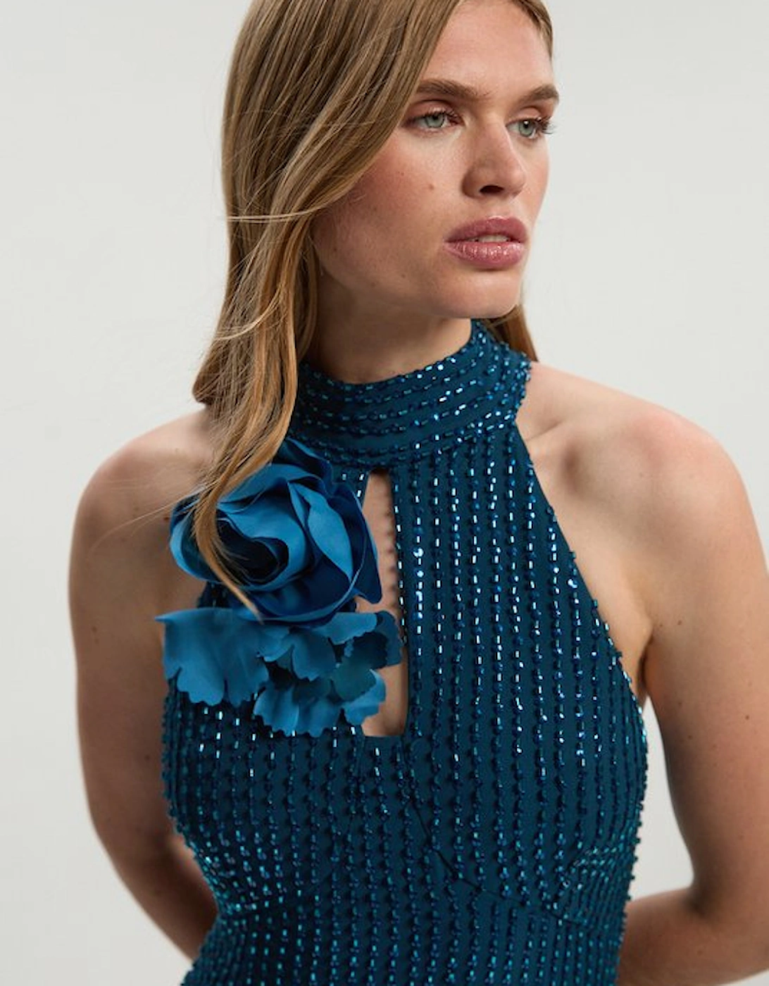 Crystal Applique Woven Maxi Rosette Maxi Dress