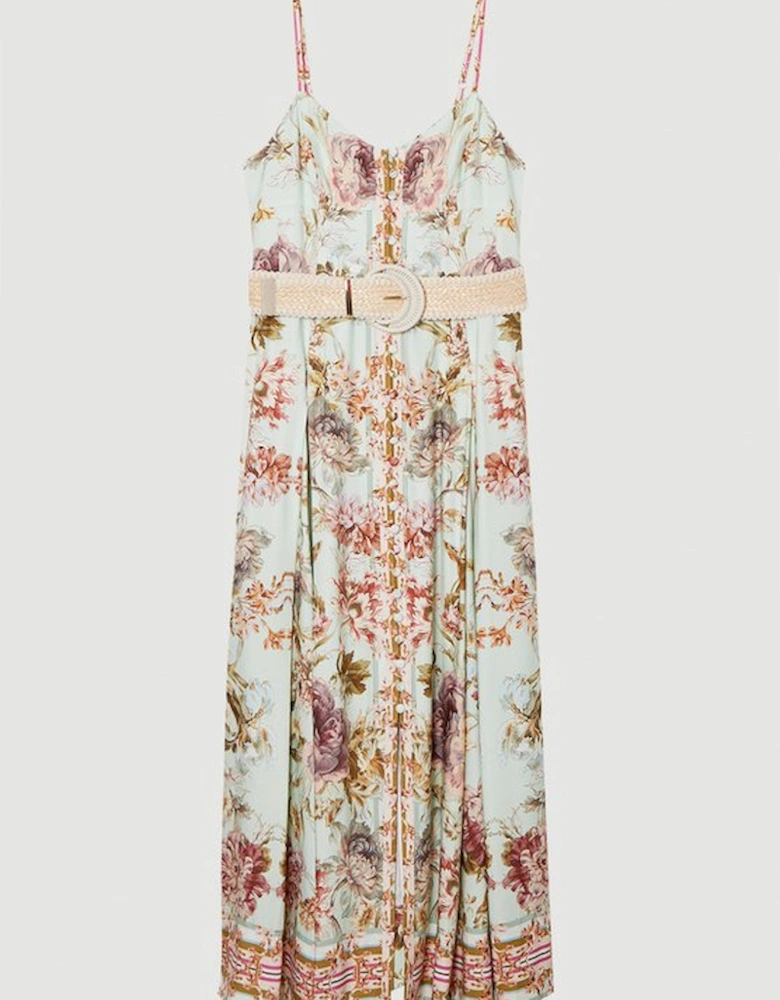 Mirrored Floral Viscose Linen Strappy Maxi Dress