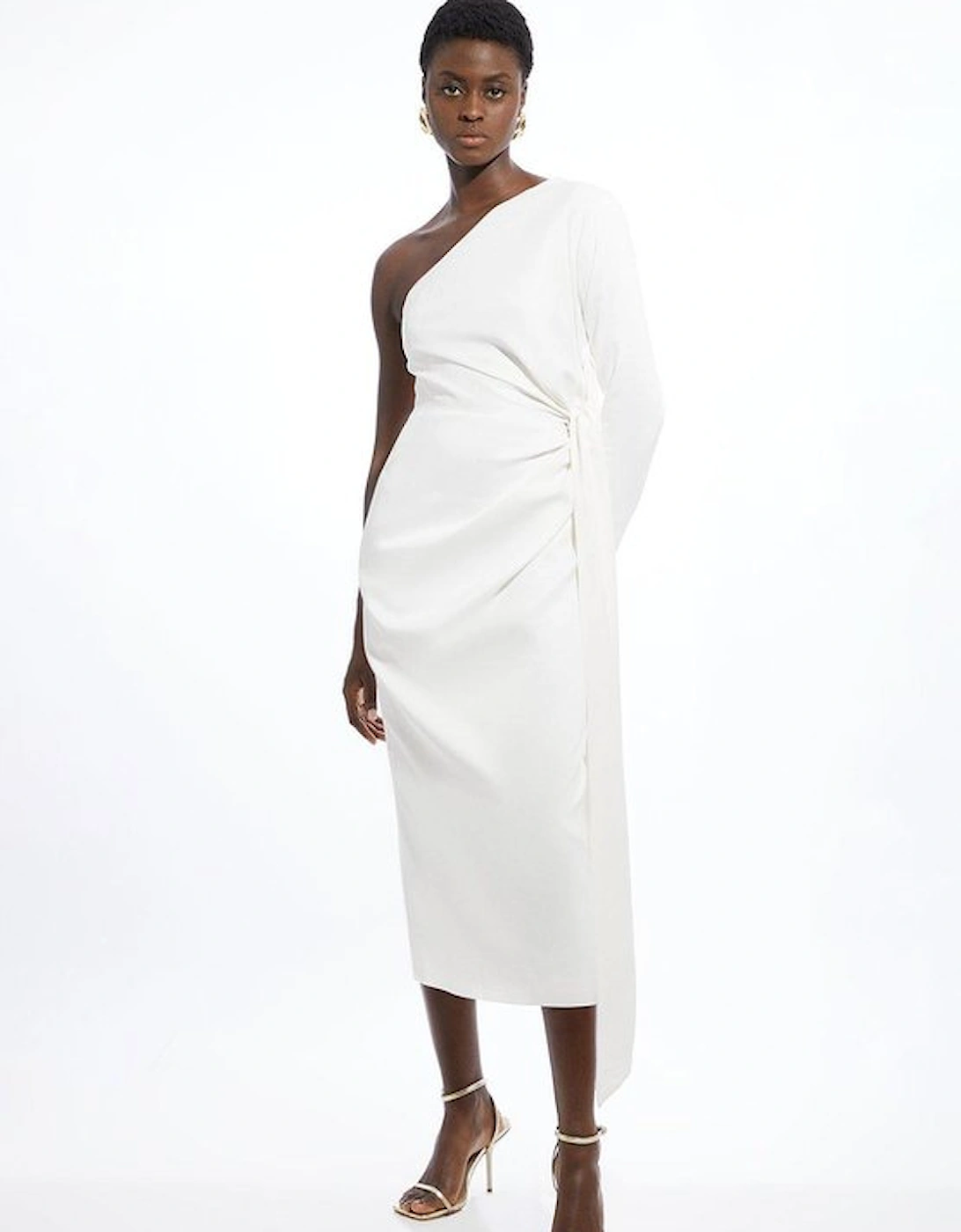 Petite Satin Back Crepe One Shoulder Drape Midi Dress, 5 of 4