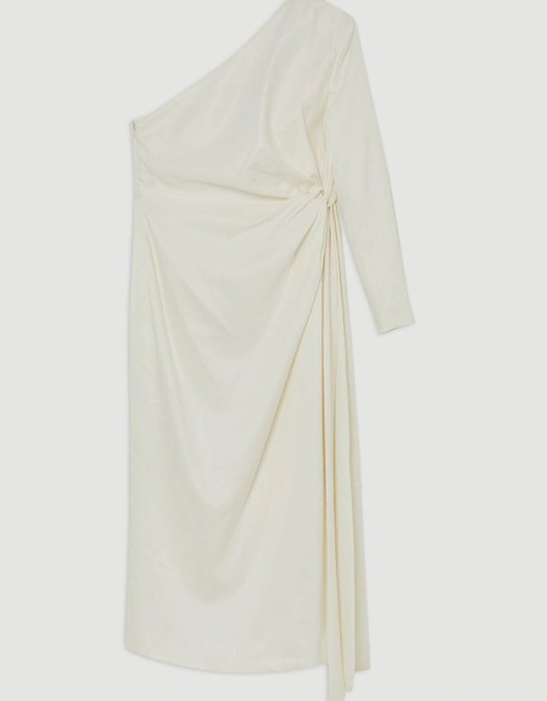 Petite Satin Back Crepe One Shoulder Drape Midi Dress