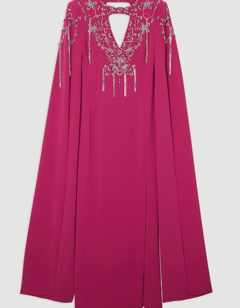 Crystal Embellished Cady Woven Cape Maxi Dress