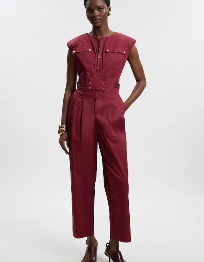 Cotton & Faux Leather Tab Utility Jumpsuit