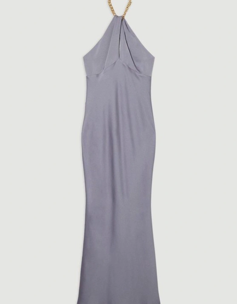 Satin Back Crepe Chain Detail Bias Midi Dress