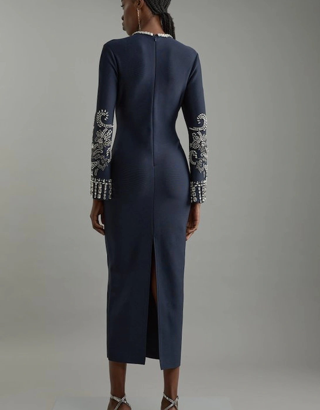 Tall Figure Form Bandage Knit Embellished Wide Sleeve Maxi Dress