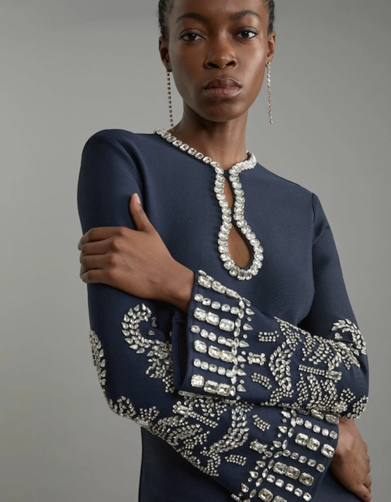 Tall Figure Form Bandage Knit Embellished Wide Sleeve Maxi Dress