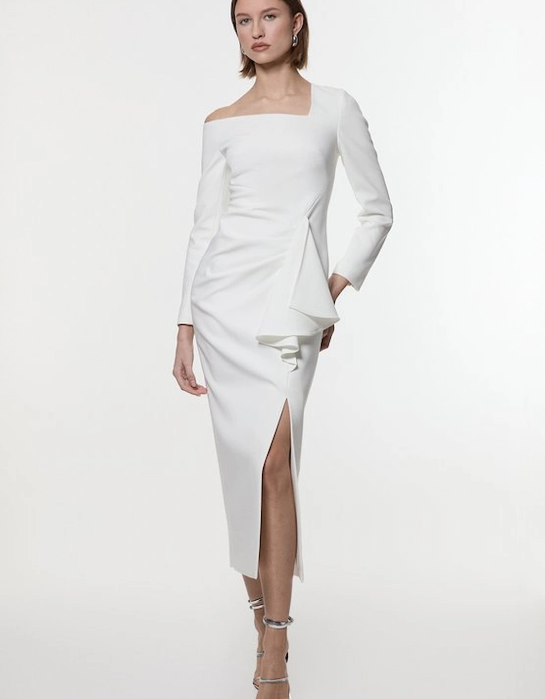 Clean Tailored Asymmetric Neckline Draped Midi Dress, 5 of 4