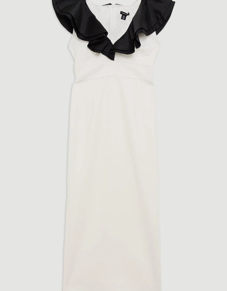 Compact Stretch Taffeta Ruffle Tailored Midi Dress