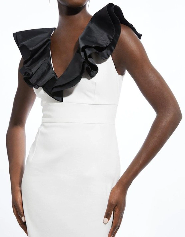 Compact Stretch Taffeta Ruffle Tailored Midi Dress