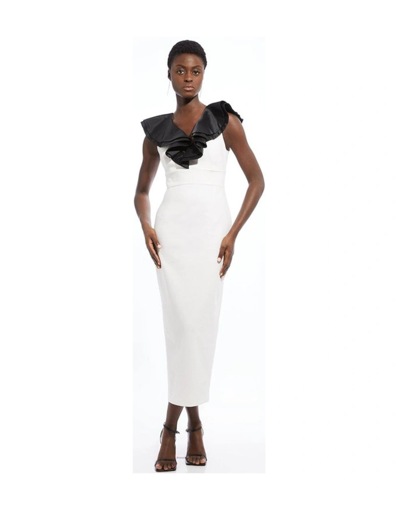 Compact Stretch Taffeta Ruffle Tailored Midi Dress