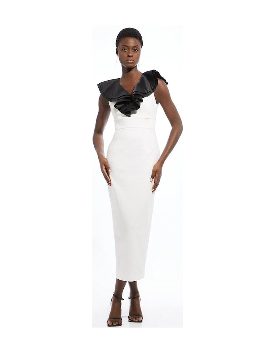 Compact Stretch Taffeta Ruffle Tailored Midi Dress, 5 of 4