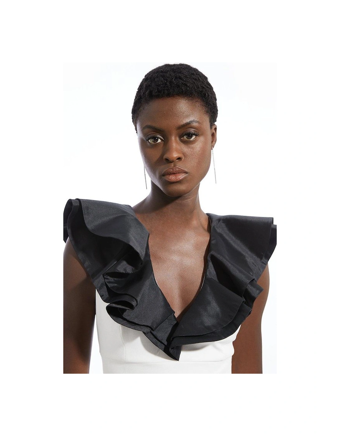 Compact Stretch Taffeta Ruffle Tailored Midi Dress