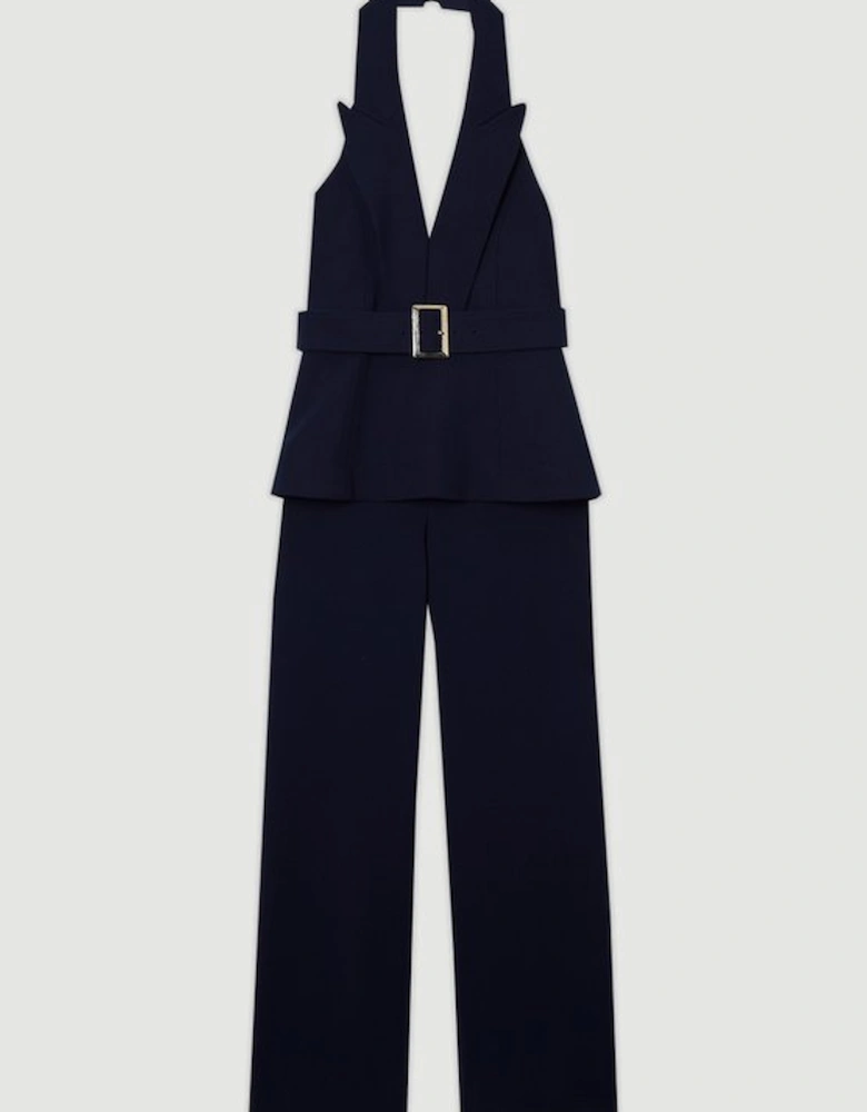 Compact Stretch Halterneck Tailored Wide Leg Jumpsuit