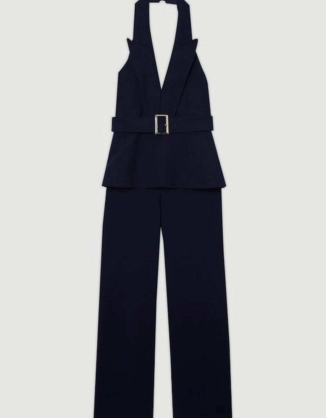 Compact Stretch Halterneck Tailored Wide Leg Jumpsuit