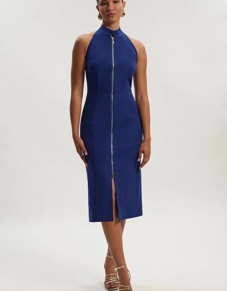 Techno Cotton Halter Neck Zip Detail Woven Midi Dress