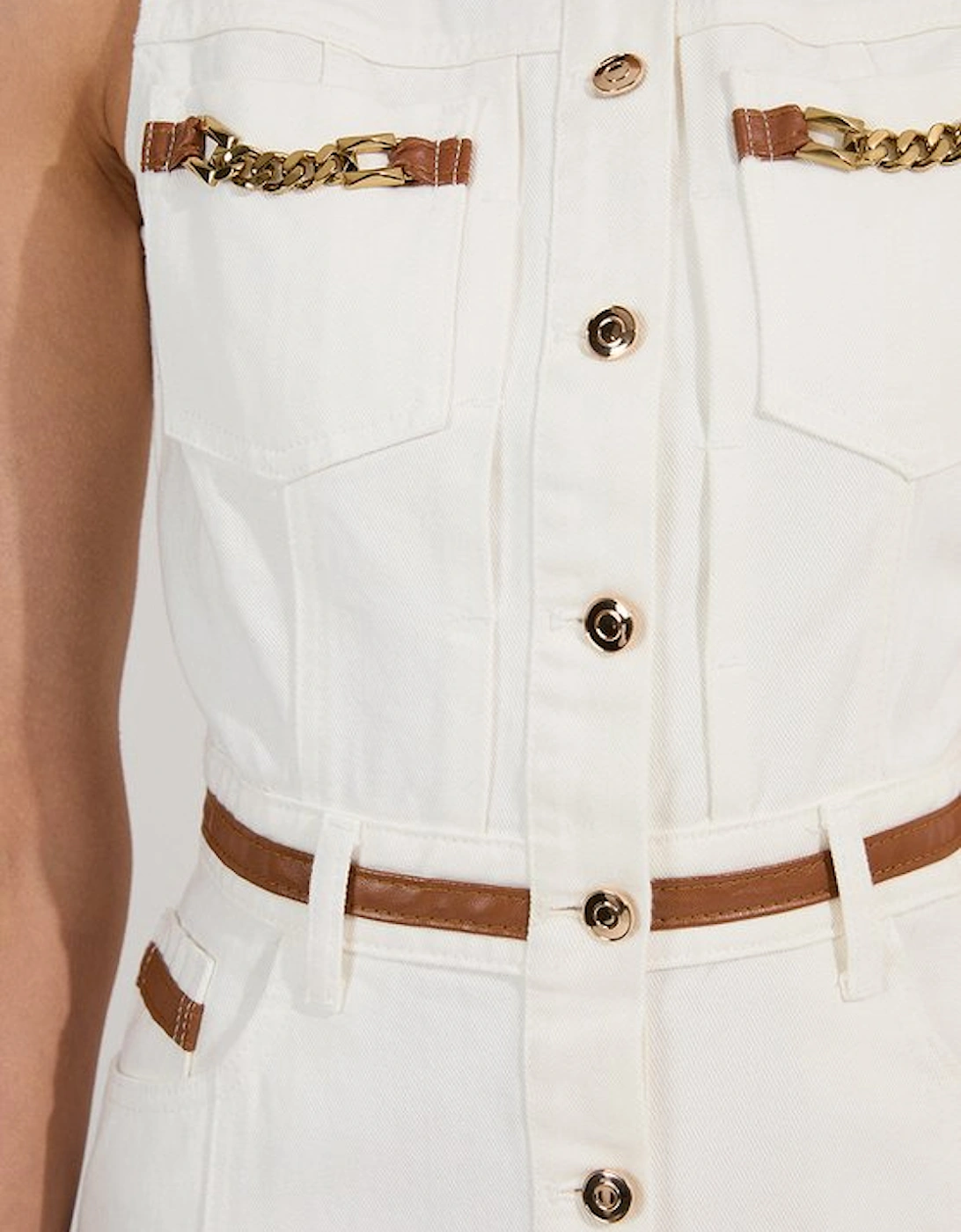 Denim & Faux Leather Tipping Sleeveless Midi Dress