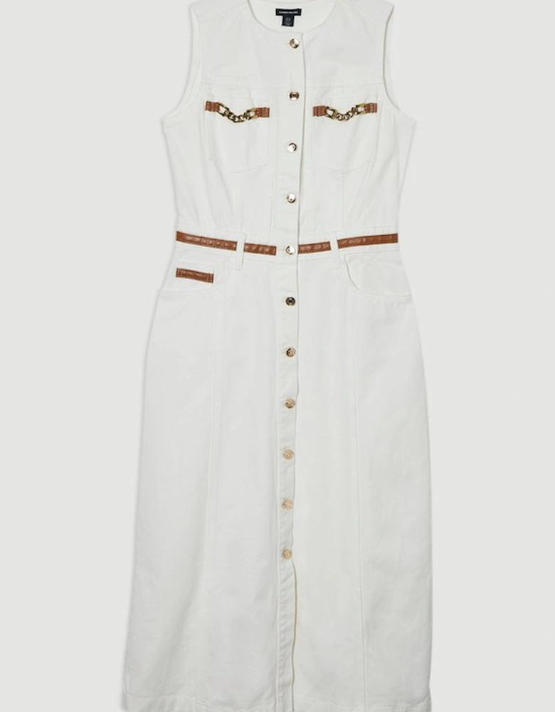 Denim & Faux Leather Tipping Sleeveless Midi Dress