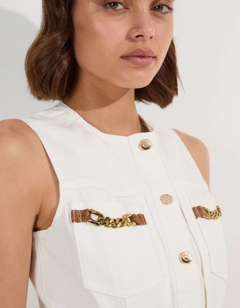 Denim & Faux Leather Tipping Sleeveless Midi Dress