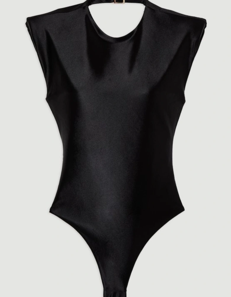 Wet Look Power Shoulder Cut Out Swimsuit