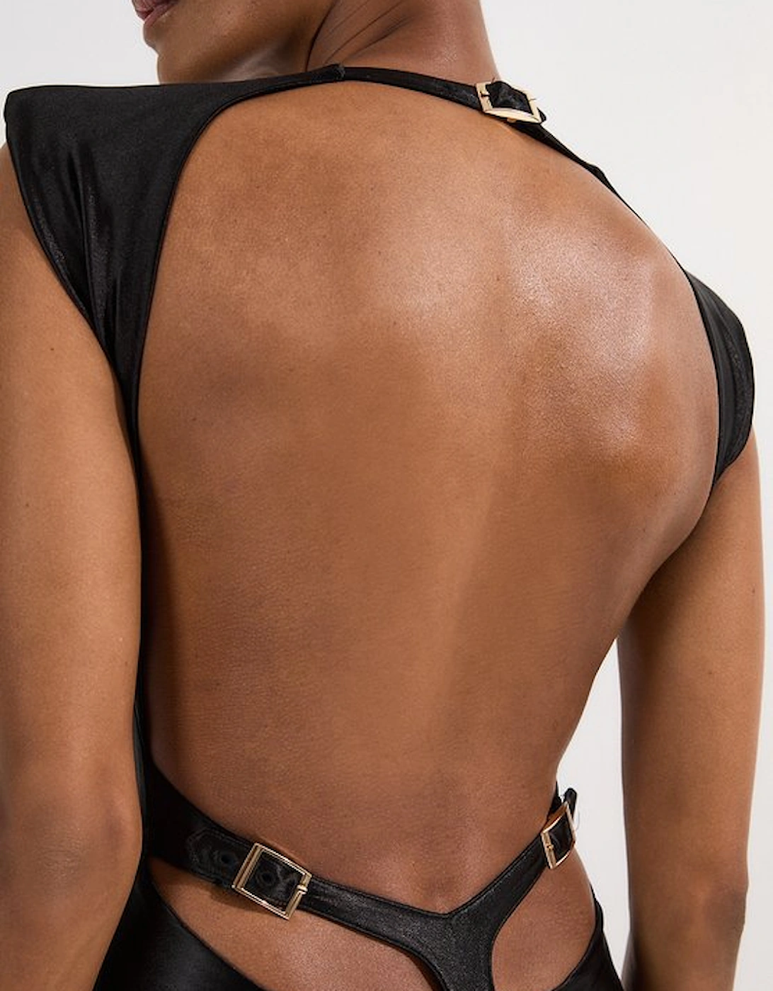 Wet Look Power Shoulder Cut Out Swimsuit