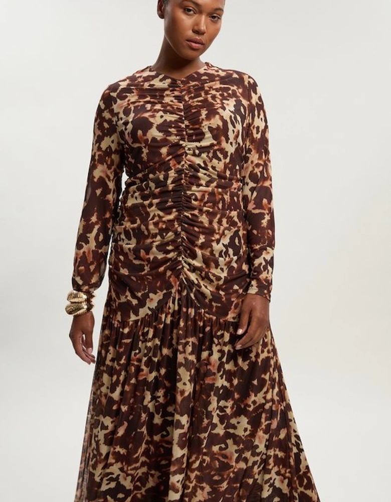 Plus Size Leopard Print Mesh Maxi Dress