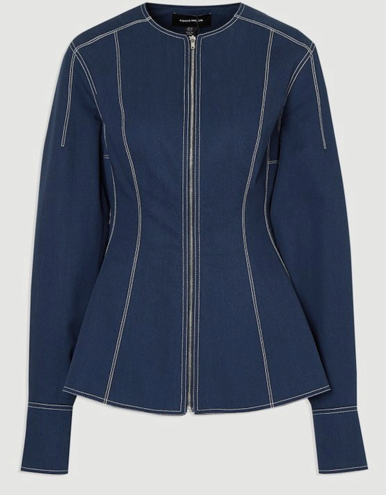 Tencel Cotton Contrast Stitch Zip Front Woven Jacket