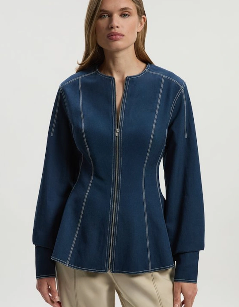 Tencel Cotton Contrast Stitch Zip Front Woven Jacket