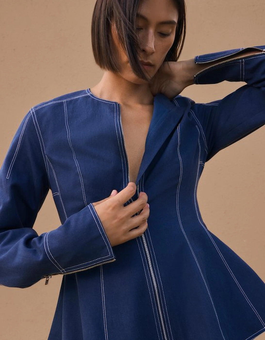 Tencel Cotton Contrast Stitch Zip Front Woven Jacket, 5 of 4