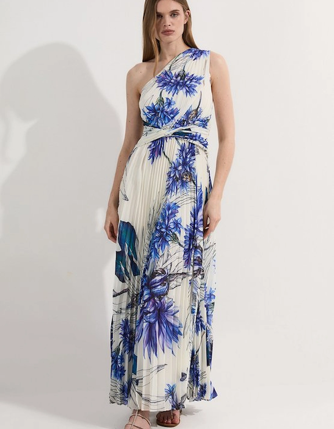 Floral Pleated Crinkle One Shoulder Woven Maxi Dress