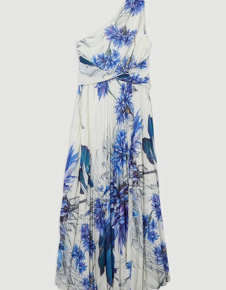 Floral Pleated Crinkle One Shoulder Woven Maxi Dress