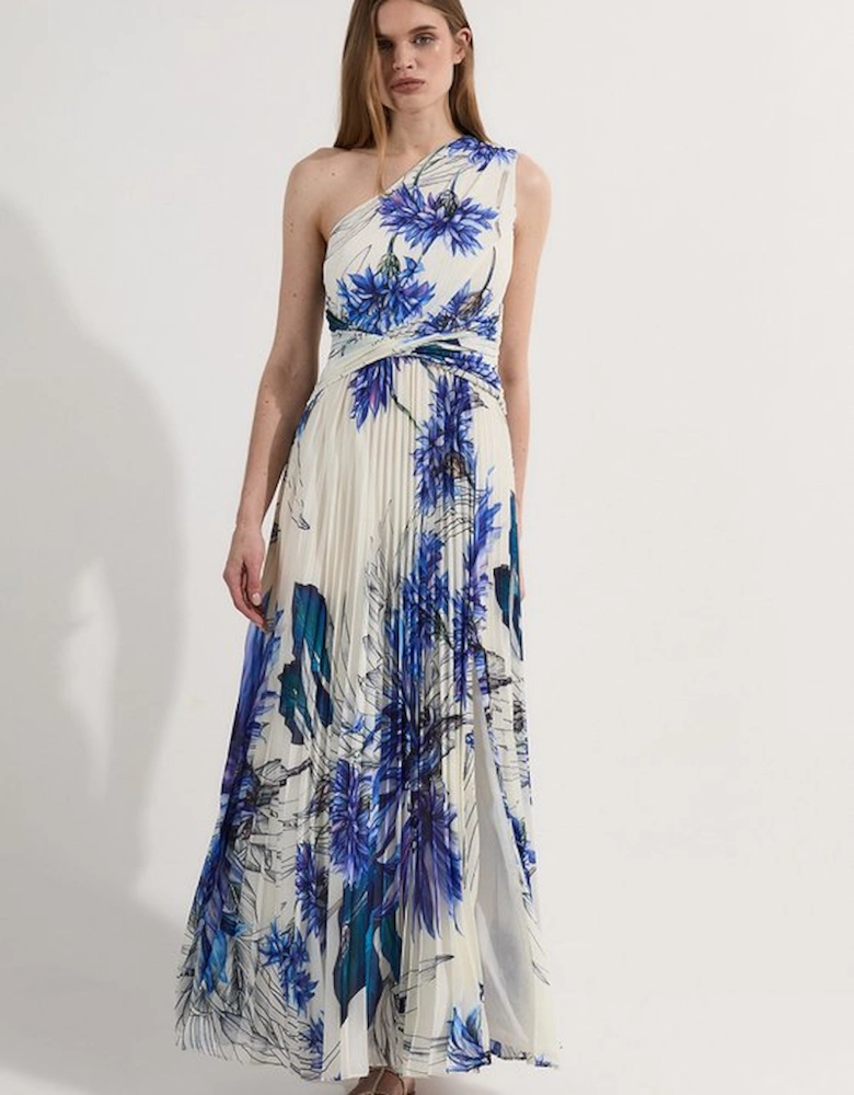 Floral Pleated Crinkle One Shoulder Woven Maxi Dress