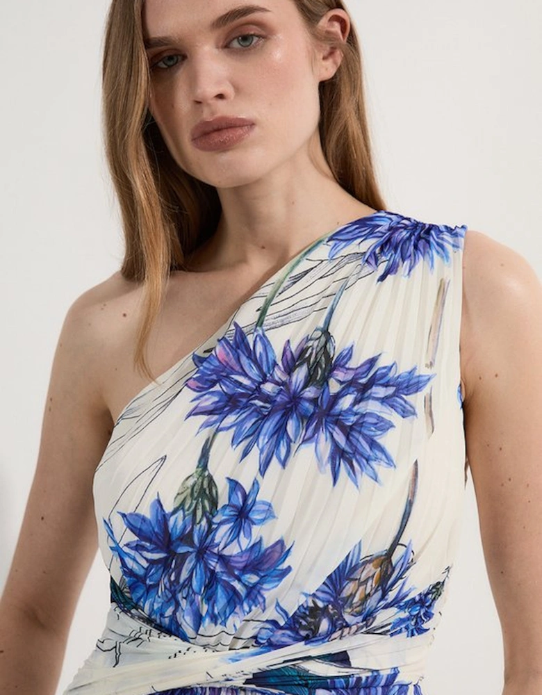 Floral Pleated Crinkle One Shoulder Woven Maxi Dress