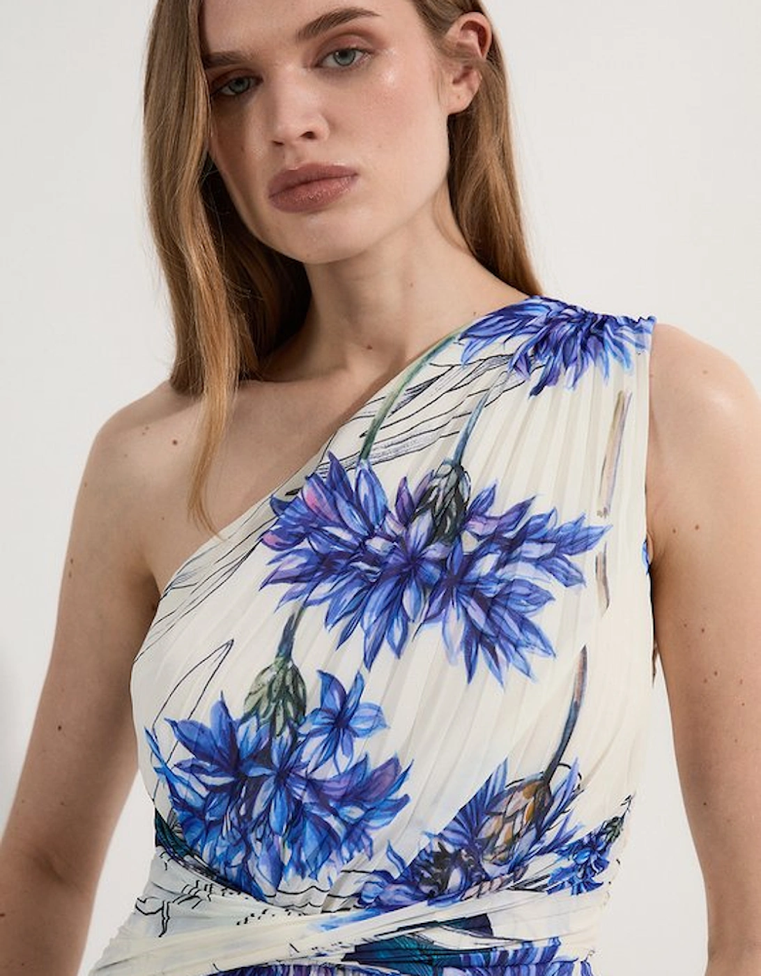 Floral Pleated Crinkle One Shoulder Woven Maxi Dress