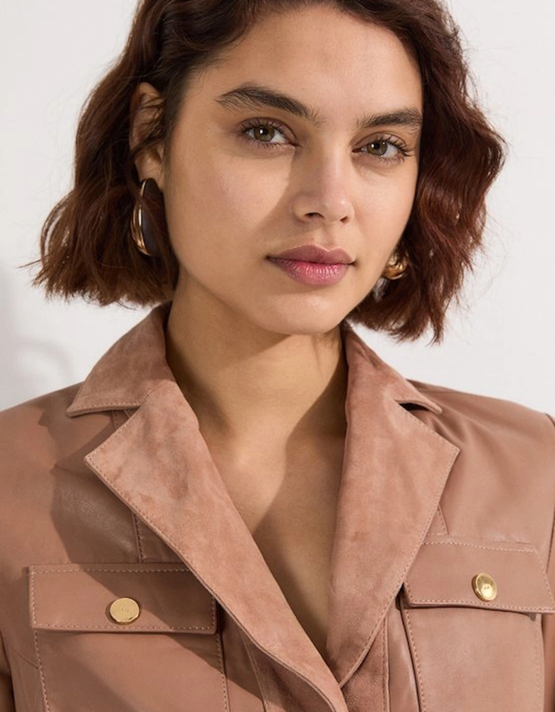 Suede & Leather Button Through Mini Dress