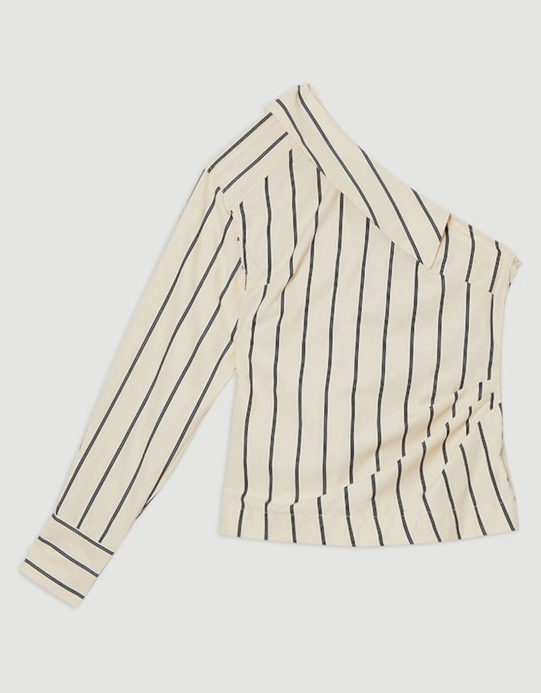 Cotton Stripe Belted Woven One Shoulder Top