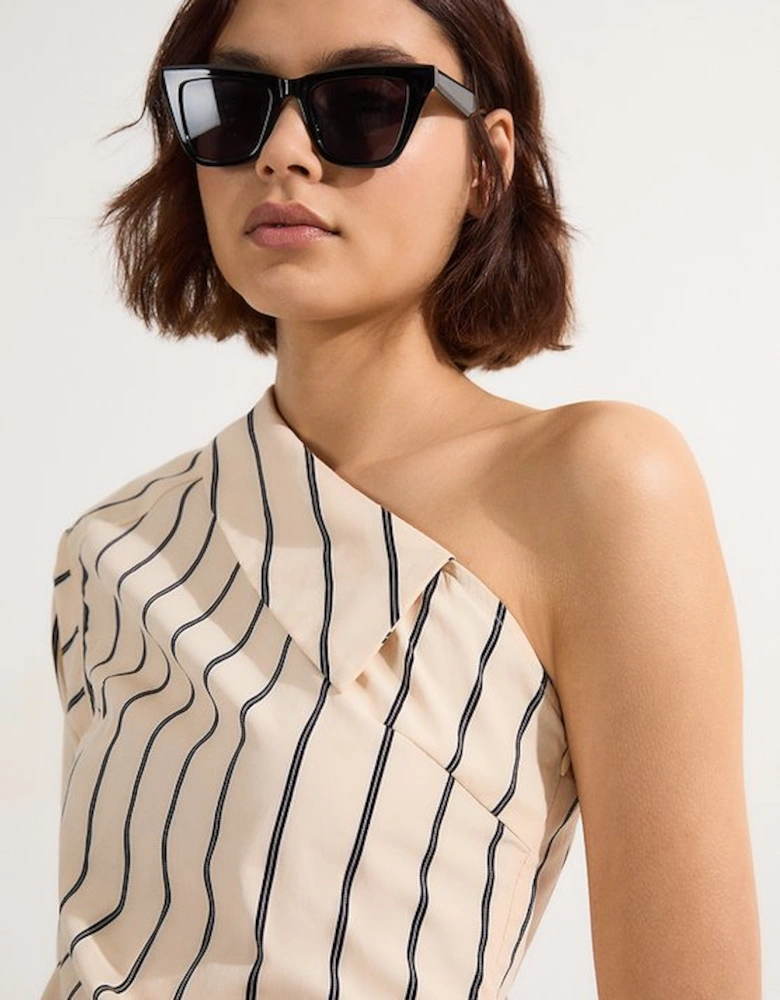 Cotton Stripe Belted Woven One Shoulder Top