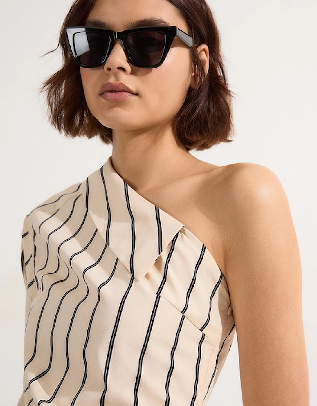 Cotton Stripe Belted Woven One Shoulder Top