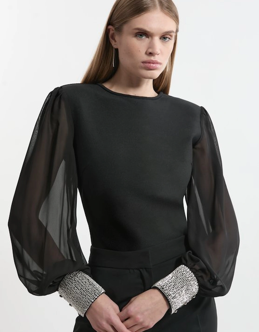 Figure Form Bandage Knit Embellished And Chiffon Sleeve Top, 5 of 4