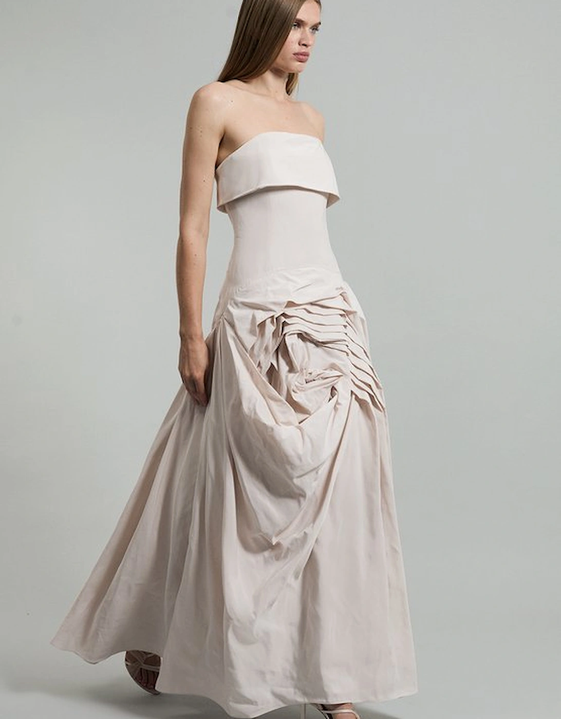 Taffeta Bandeau Tailored Rosette Pleat Maxi Dress, 5 of 4