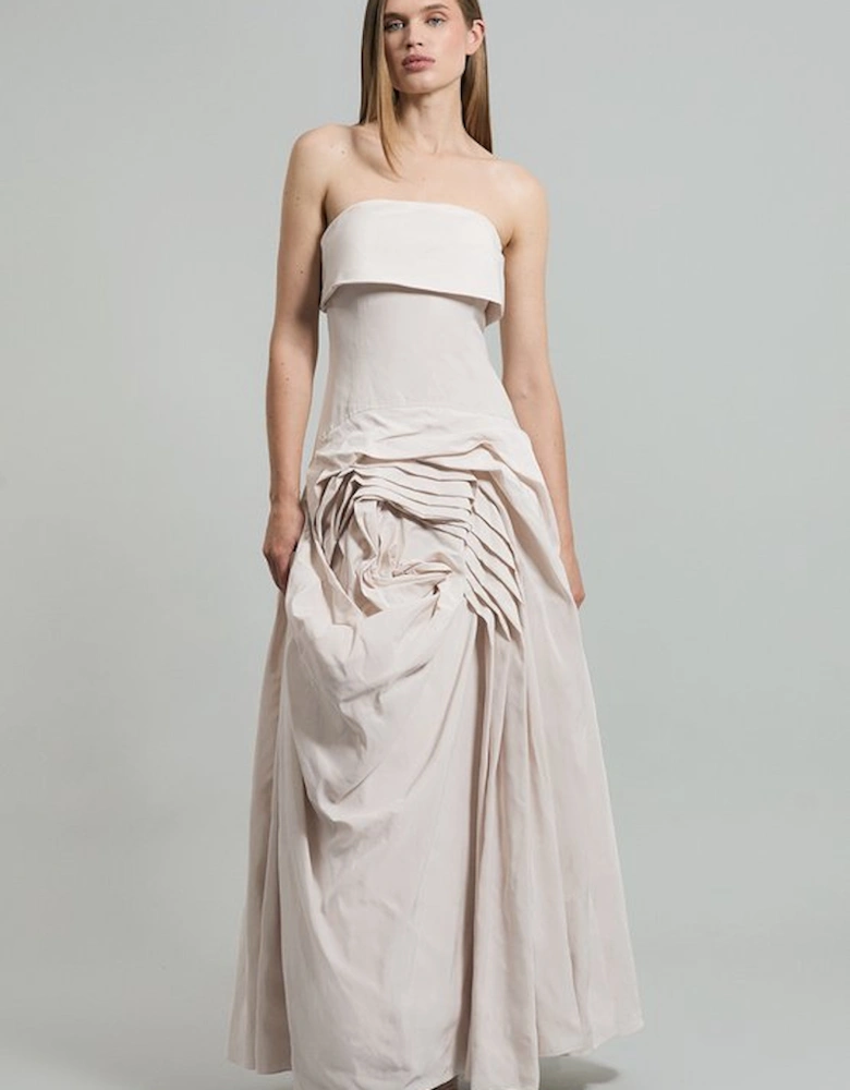 Taffeta Bandeau Tailored Rosette Pleat Maxi Dress