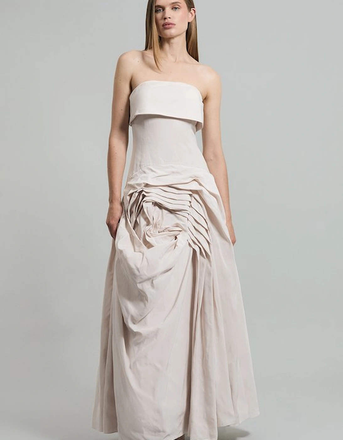 Taffeta Bandeau Tailored Rosette Pleat Maxi Dress