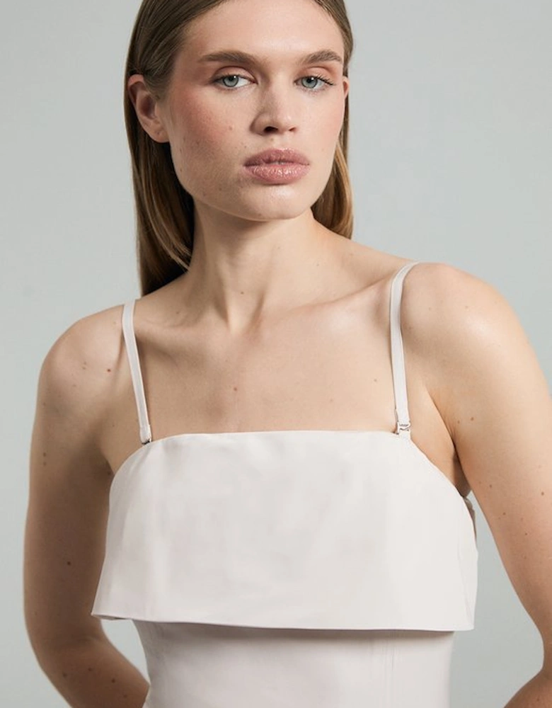 Taffeta Bandeau Tailored Rosette Pleat Maxi Dress